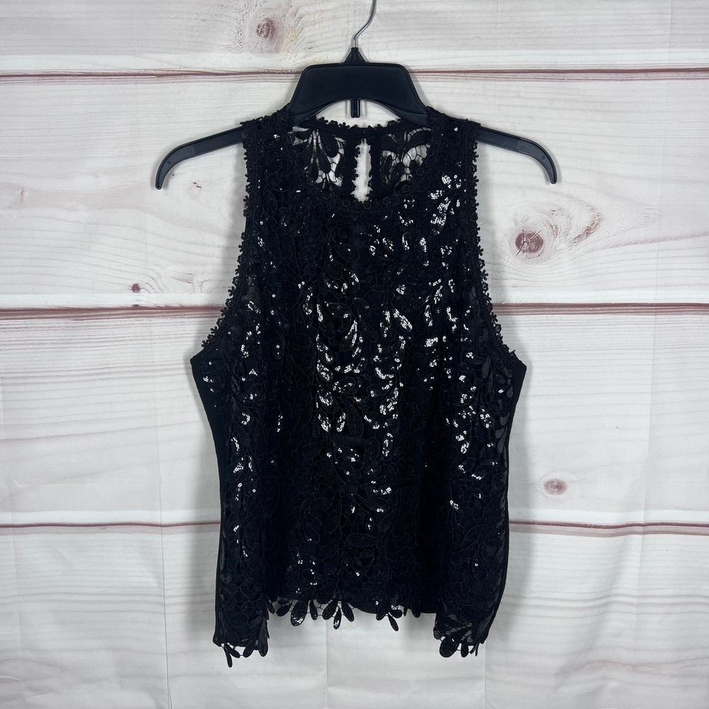 Analili Lace Sequin Sleeveless Top Women Size S Black Solid Floral Tank Sparkly